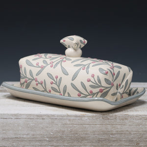 Sage gray berry pattern butter dish