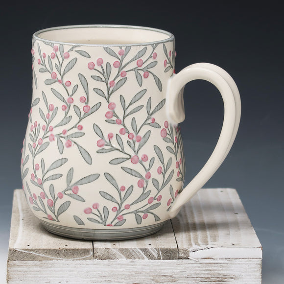 Sage gray berry pattern coffee cup 18oz