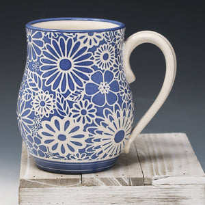 Cobalt blue coffee cup flowers 18oz