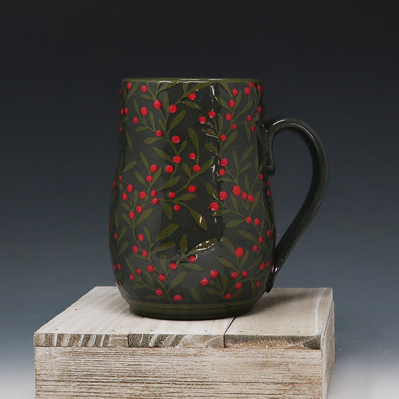 Mug 16oz-black clay with green berry pattern