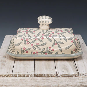 Butter Dish- Sage gray berry pattern