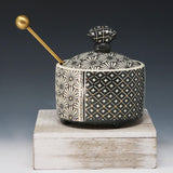 Honey pot-Black clay with porcelain flower pattern and gold accents