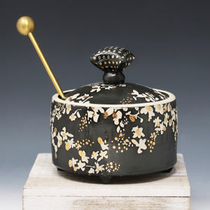 Honey pot-Black clay with porcelain flower pattern and gold accents