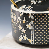 Honey pot-Black clay with porcelain flower pattern and gold accents